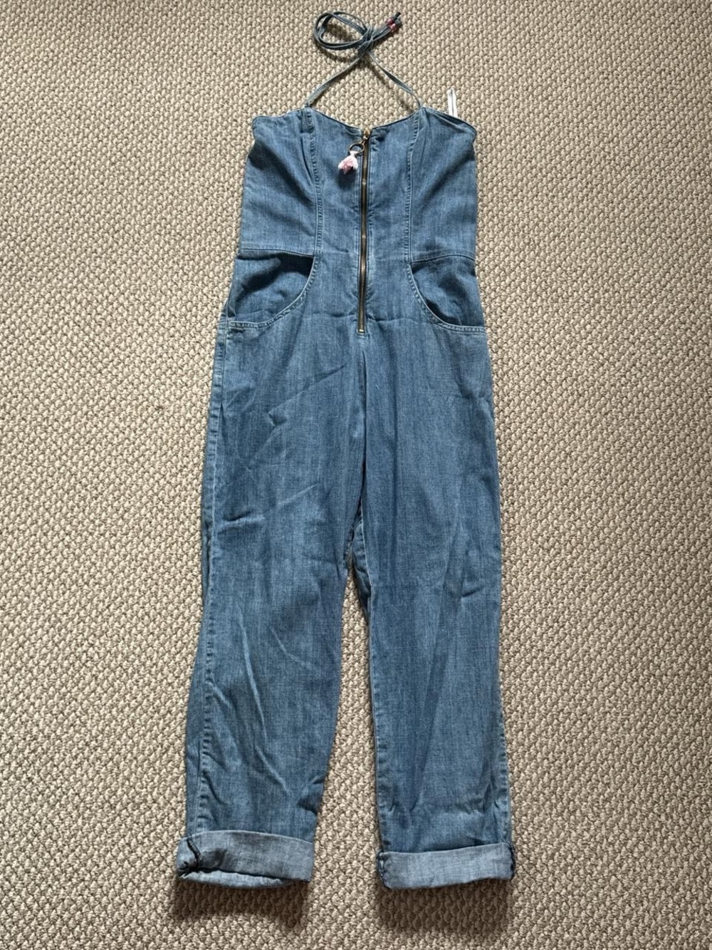 Wildfox Denim Halter Jumpsuit with Gold Zip